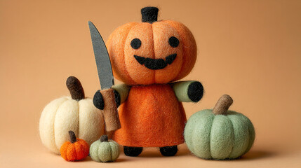 Cute Felt Pumpkin Head Character Holding Knife and Pumpkin with Autumn Gourds