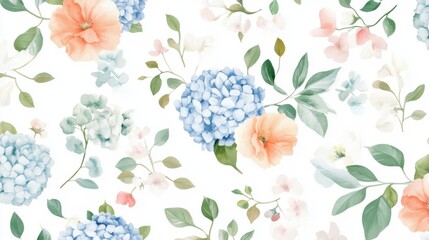Seamless Watercolor Floral Border with Hydrangea, Myosotis, Rose, Flowers with Leaves on White Background, Fashion, Fabric Patterns, Wallpapers, Prints, Wedding invitations, clipart