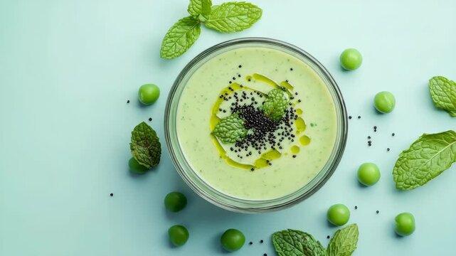 Delicious, refreshing green smoothie with peppermint and spearmint leaves for a cooling effect.