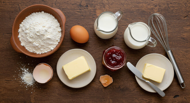 Pikelet Ingredients Flat Lay with Flour, Egg, Milk, and Strawberry Jam