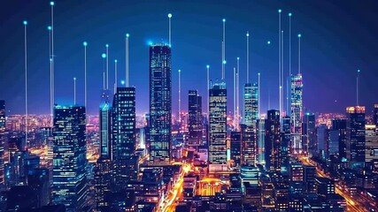 A vibrant cityscape at night, illuminated by digital connections, showcases the interconnectedness of modern urban life. - Powered by Adobe