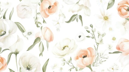 Seamless Watercolor Floral Border with Hydrangea, Myosotis, Rose, Flowers with Leaves on White Background, Fashion, Fabric Patterns, Wallpapers, Prints, Wedding invitations, clipart