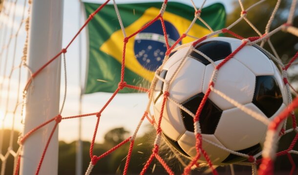 Ball Hitting Brazil Net with National Flag in the Background - Powered by Adobe