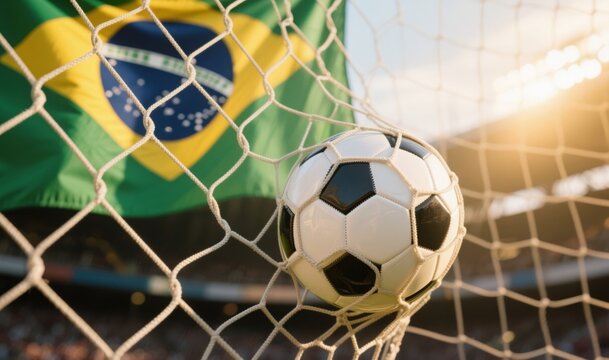 Ball Hitting Brazil Net with National Flag in the Background