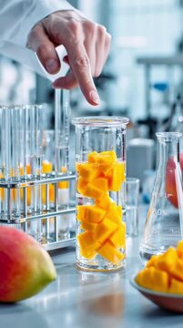 mangue d&eacute;coup&eacute; se retrouve dans un b&eacute;cher de laboratoire, entour&eacute;e de b&eacute;chers et de tubes en verre et d'instruments scientifiques. L'arri&egrave;re-plan laboratoire professionnel, Elle pr&eacute;sente des d&eacute;tails r