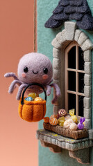 Cute Felt Spider with Pumpkin Basket Collecting Halloween Candy
