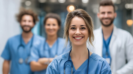 Group of healthcare workers smiling in hospital