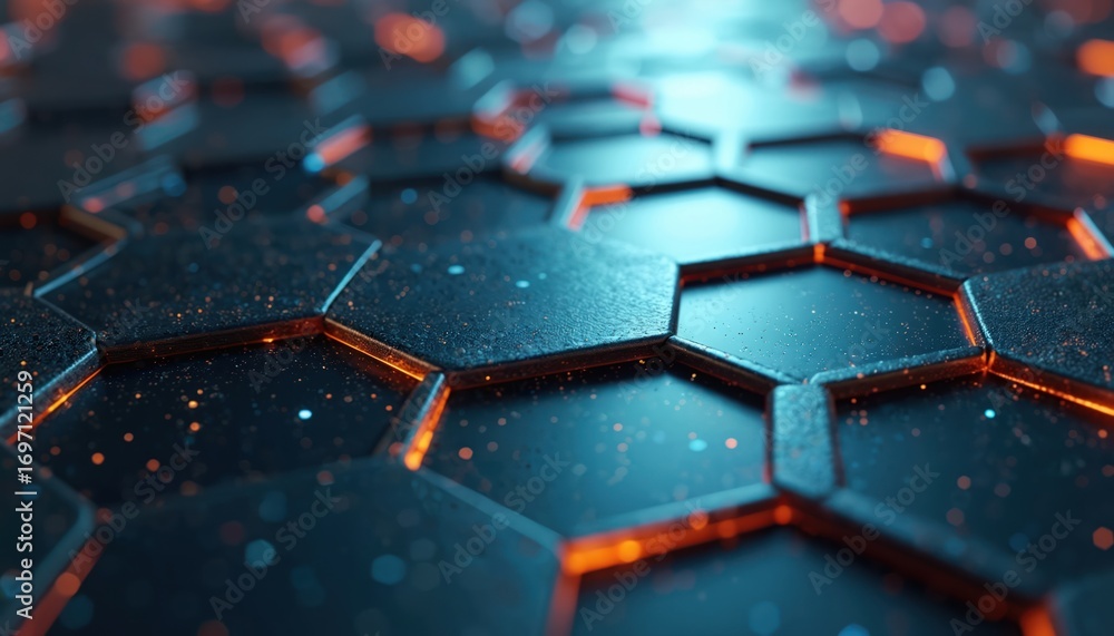 Poster abstract geometric background with glowing orange light emanating from hexagonal grid. dark textured