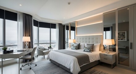 Interior of a modern luxury bedroom in a high-rise hotel suite with a panoramic city view, workspace, and elegant contemporary design