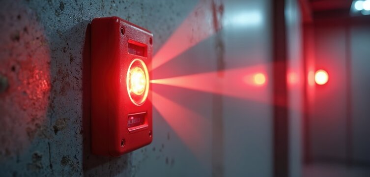 Red fire alarm strobe light flashes, emitting red beams in dark corridor. Audible alarm sounds in background. Security device is mounted on rough concrete wall, signaling emergency or system test.