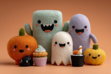 Cute Felt Halloween Characters with Pumpkins on Green Background