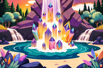 Abstract fantasy waterfall with surreal crystal shapes, glowing magical atmosphere, mystical enchanted wonder