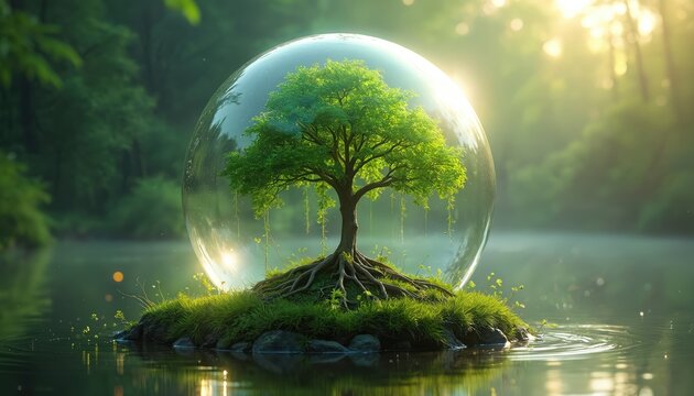 Small tree protected by transparent globe on island in water. Rich green foliage, visible roots, surrounding nature. Sunlight illuminates scene, suggesting growth, life, eco-consciousness. Fresh