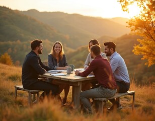 Corporate team meeting outdoors in natural landscape during golden hour sunset. Professionals in casual attire brainstorm, discuss strategy, plan. Peaceful, rejuvenating, calming ambience of nature.