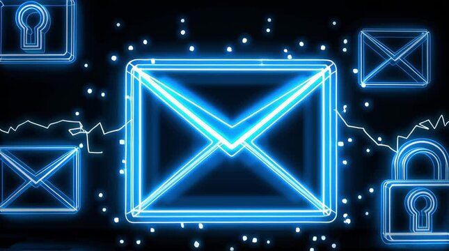A captivating sequence of neon email icons and locks, showcasing a vibrant digital atmosphere with glowing elements and reflections