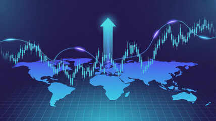 Global business and finance concept with world map, stock market chart, and upward arrow, representing international trade and investment