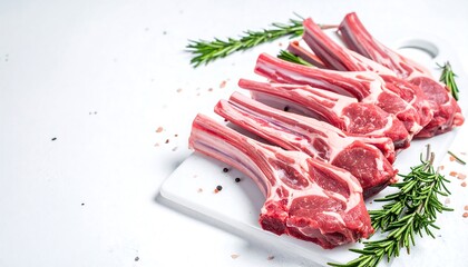 Prime lamb rib chops adorned with fresh rosemary on a clean surface