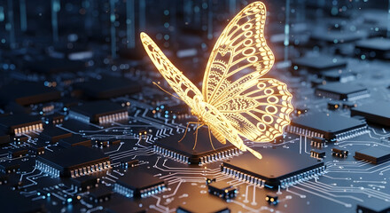 Golden butterfly emerges from digital circuit board