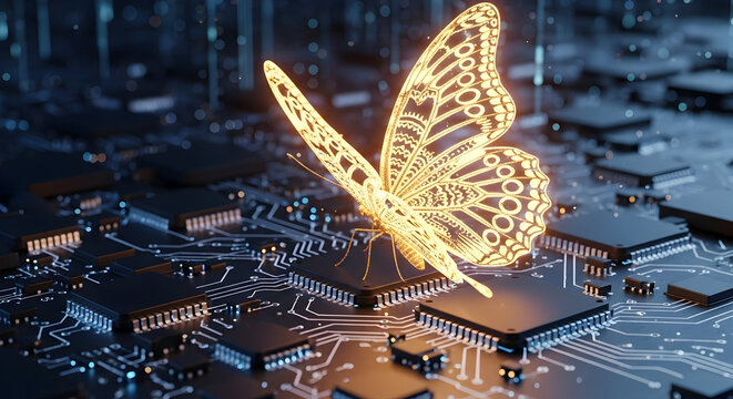 Golden butterfly emerges from digital circuit board