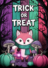 Fototapeta premium Halloween trick or treat poster with kawaii fox holding lantern, pumpkins, mushrooms, dark trees, and colorful wood textured background