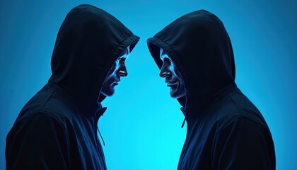 Two anonymous hooded figures with cyber masks stare down under neon blue light. Symmetrical composition suggests digital doppelgangers in confrontation of mystery, technology. Futuristic duality,