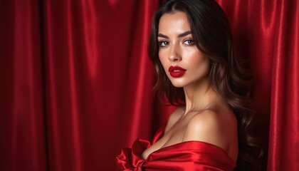 Stunning woman in red attire, bold red lipstick and long wavy hair. Brunette model poses in studio, beauty and fashion concept. Elegant lady, glamour portrait, stylish look, facial make-up.
