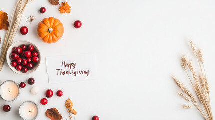 Thanksgiving theme with pumpkin and cranberries on white background
