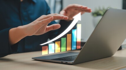 A person interacting with a holographic graph projected from a laptop, symbolizing growth, success, and the integration of technology in business