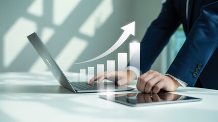 Businessman analyzing companys financial statistics data and charts on computer and tablet, business growth and investment concept