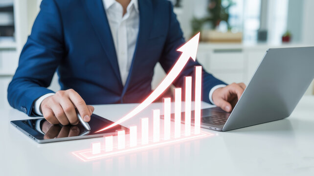 Businessman analyzing companys financial statistics data and charts on computer and tablet, business growth and investment concept