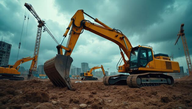 Construction site with excavators, cranes. Heavy machinery working. Engineering, infrastructure development. Building new structures, commercial properties. Earthmoving equipment, builders work