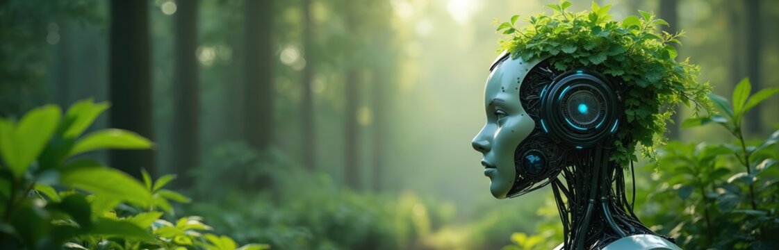 AI robot with green leaves integration against forest background. Artificial intelligence, eco tech, eco-friendly, nature, innovation. Role of AI in environmental protection, environmental - Powered by Adobe