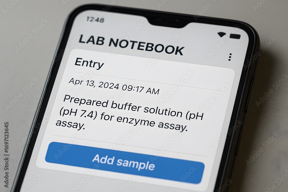 Aufkleber smartphone displaying lab notebook information.