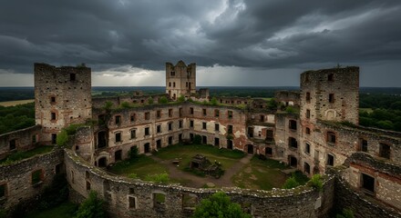 Obraz premium Dramatic View of Ancient Castle Ruins Under a Stormy Sky