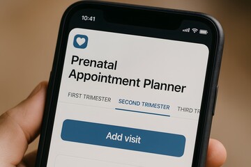 Close-up of a mobile phone displaying a prenatal appointment planner app.