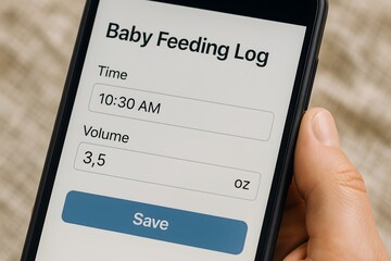 A close-up shot of a hand holding a smartphone that displays a baby feeding log. 