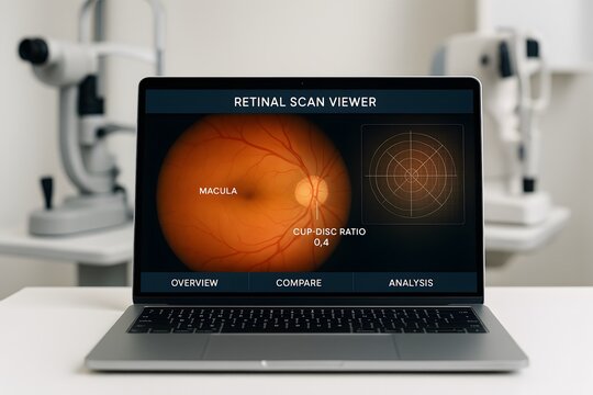 A detailed view of retinal scan on a laptop screen, showcasing medical technology. 