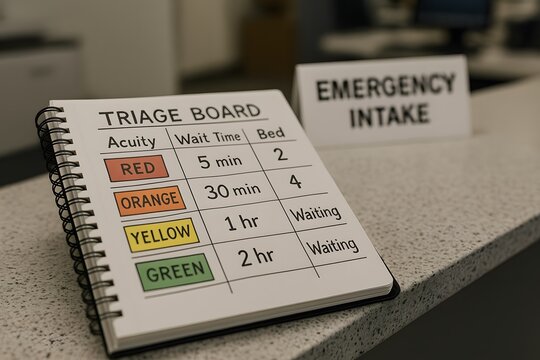 A triage board with an emergency intake sign on the table. 