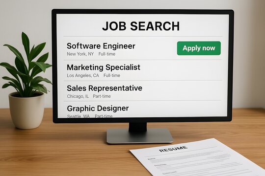 Job search on a computer screen with a resume. - Powered by Adobe