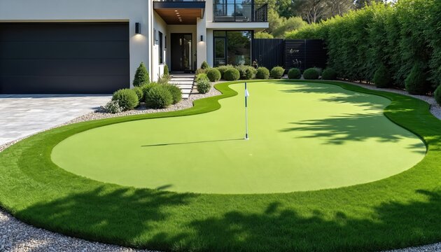 Rich green golf putting green in residential yard, featuring flag. Sunny day illuminates artificial turf, ideal for backyard practice, hobby golfers. Modern house, manicured landscaping surround.