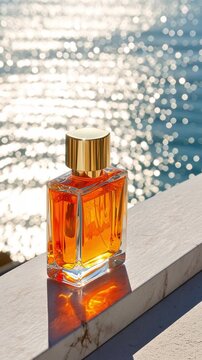 Ultra realistic product photography of a fully orange rectangular 3:4 glass perfume bottle with a luxurious gold cap, standing on a sleek white marble platform with a refined, elegant look. The bottle