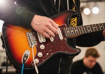 Focused musician playing classic sunburst electric guitar