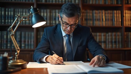 Lawyer in suit and tie sits at wooden desk, writing on document under desk lamp. Bookshelves filled with old tomes form background. Focus on legal pro working diligently in law office.