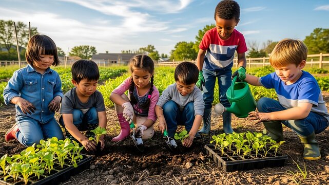 Kids Planting Seedlings in a Garden on a Sunny Day, Group Effort - Powered by Adobe