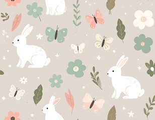 Fototapeta premium Cute pastel bunnies and flowers