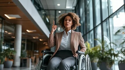 Confident businesswoman in a wheelchair shares an idea in a modern office building - Powered by Adobe
