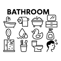 Outline Simple Bathroom Elements Icon Collection for Personal Hygiene Routine