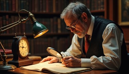Elderly gentleman with grey beard and glasses peers intently through magnifying glass at old book. He sits at wooden desk under desk lamp, surrounded by bookshelves filled with history volumes.