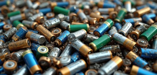 Pile of used lithium batteries for recycling. Waste management focus on energy conservation, environmentally friendly practices. Represents electronic waste, disposal challenges, resource recovery.