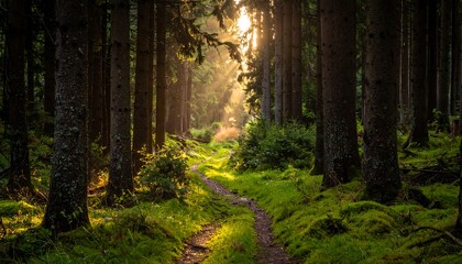 Fototapeta premium Sunlight path through a forest